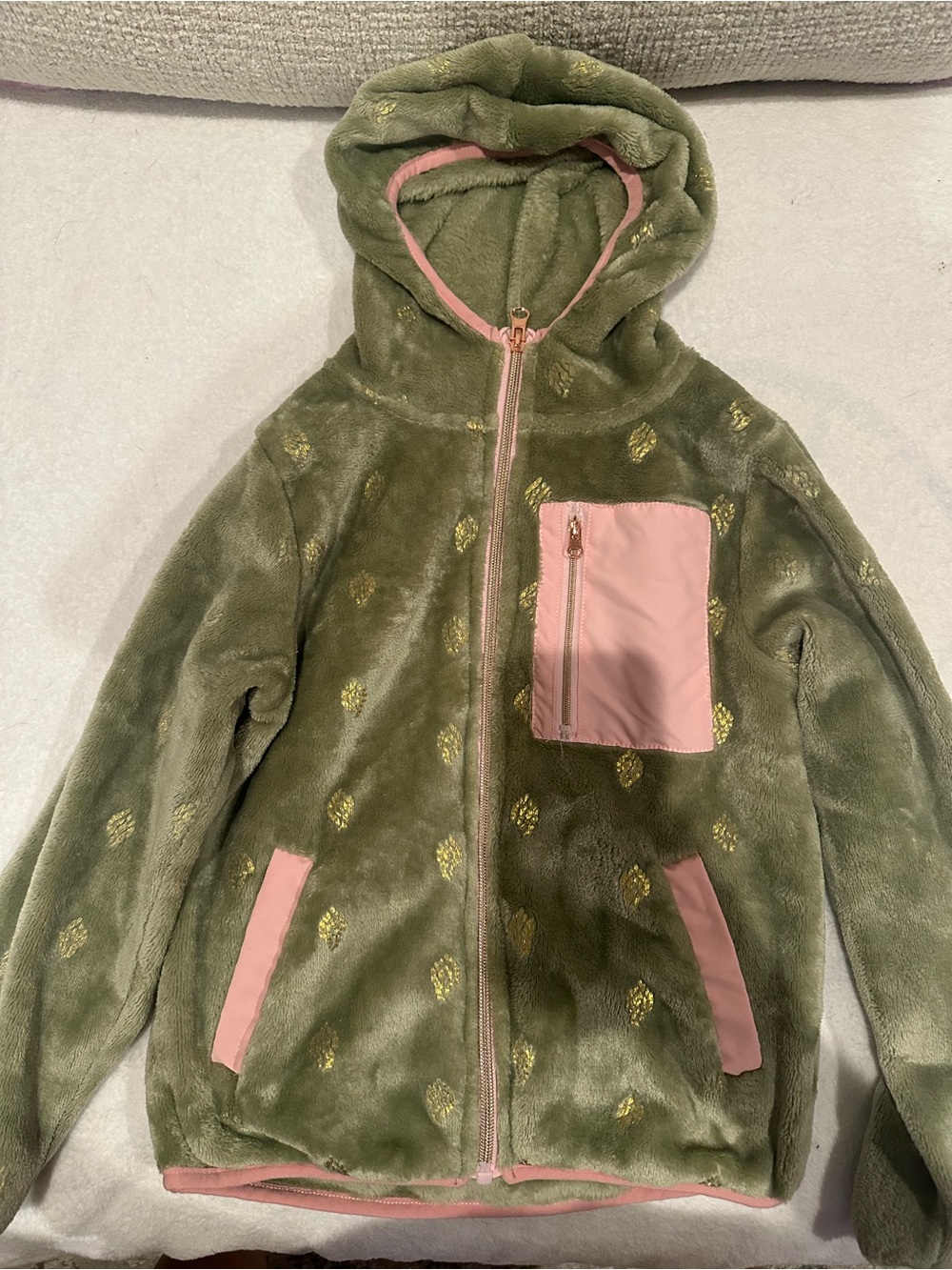 Nanette Lepore Olive Green Plush Hooded Zip Jacket with Pink Trim Size 8